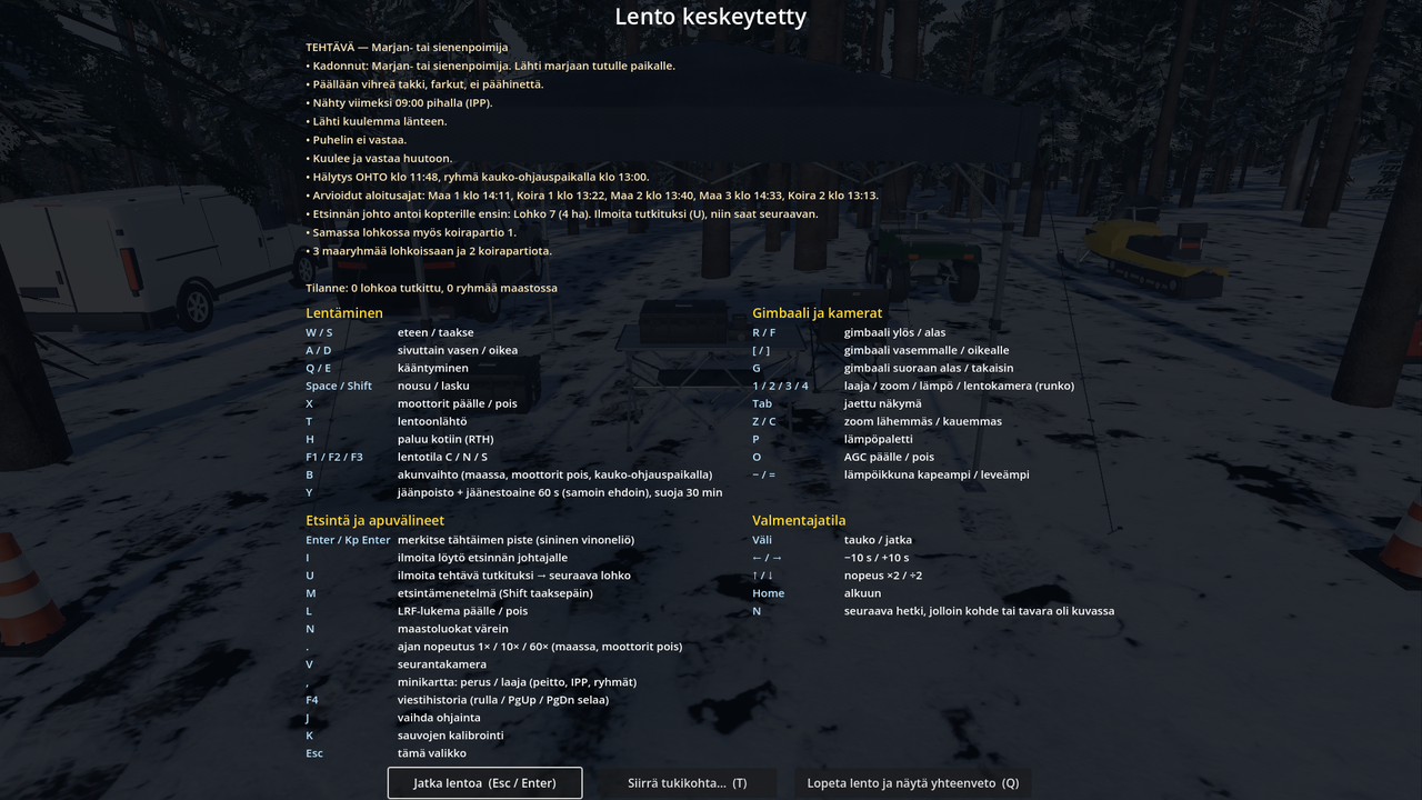 The Esc menu: briefing, task and key guide.